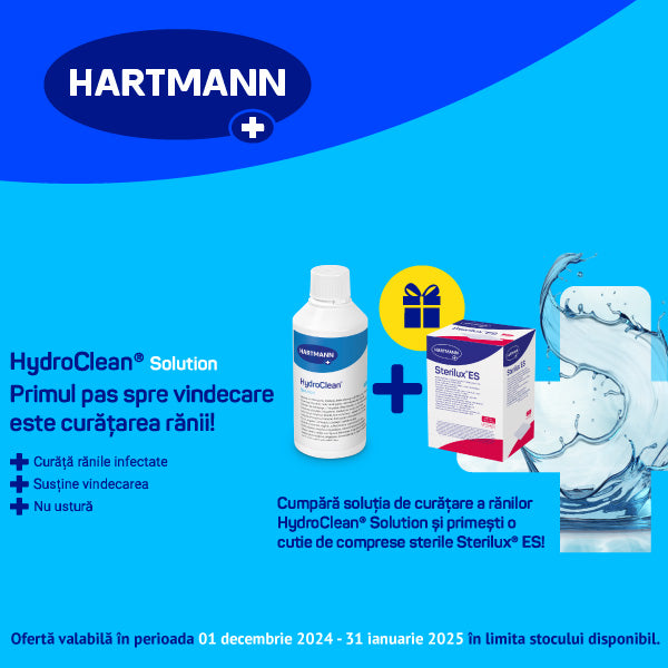 Solutie curatare rani HydroClean, 350 ml + CADOU - 1 cutie Comprese sterile Sterilux ES, 7.5 cm X 7.5 cm, 125 buc.
