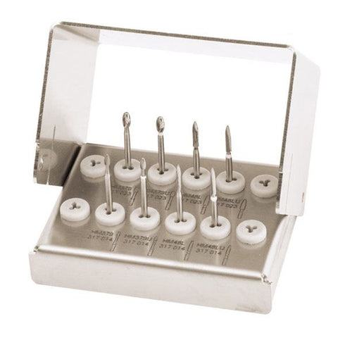 Contine 8 freze de finisare din carbura de tungsten, de forma ovoidala si sferica, pe doua marimi si doua abraziuni: standard si ultra - fina.