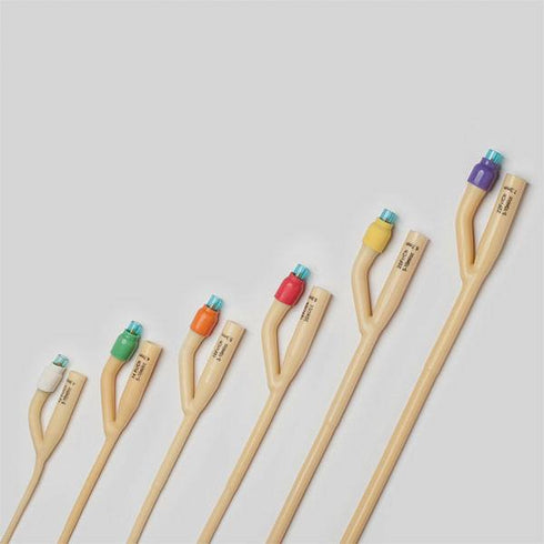 Sondă foley cu două căi, cu valvă de plastic,tip Tiemann (din latex în strat de silicon) cu balon, fabricat din latex moale și flexibil, rezistent la îndoire și răsucire.