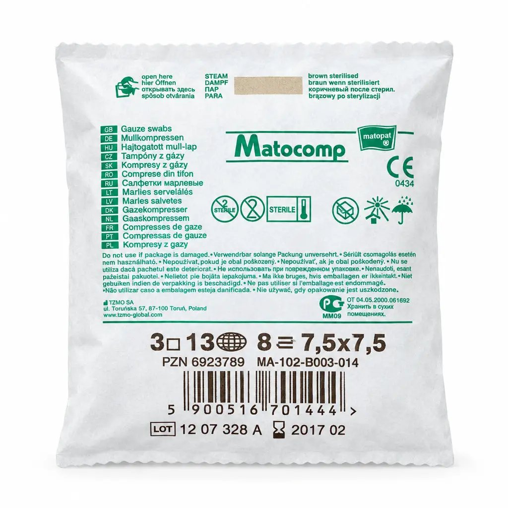 Comprese sterile din tifon MATOCOMP, 8 straturi, blister 3 bucati